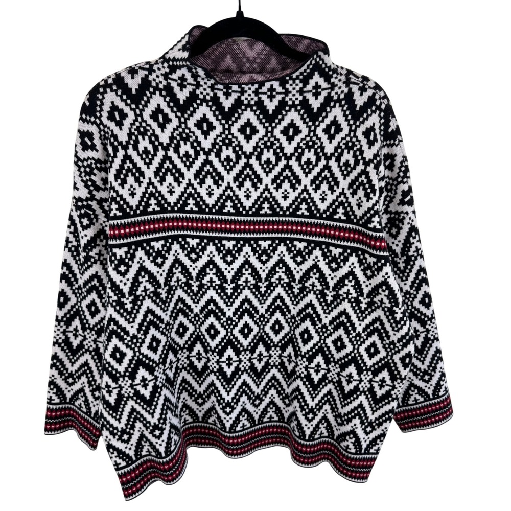 Tahari Womens 1X Mock Neck Sweater Black White Geometric Fair Isle Knit Pullover